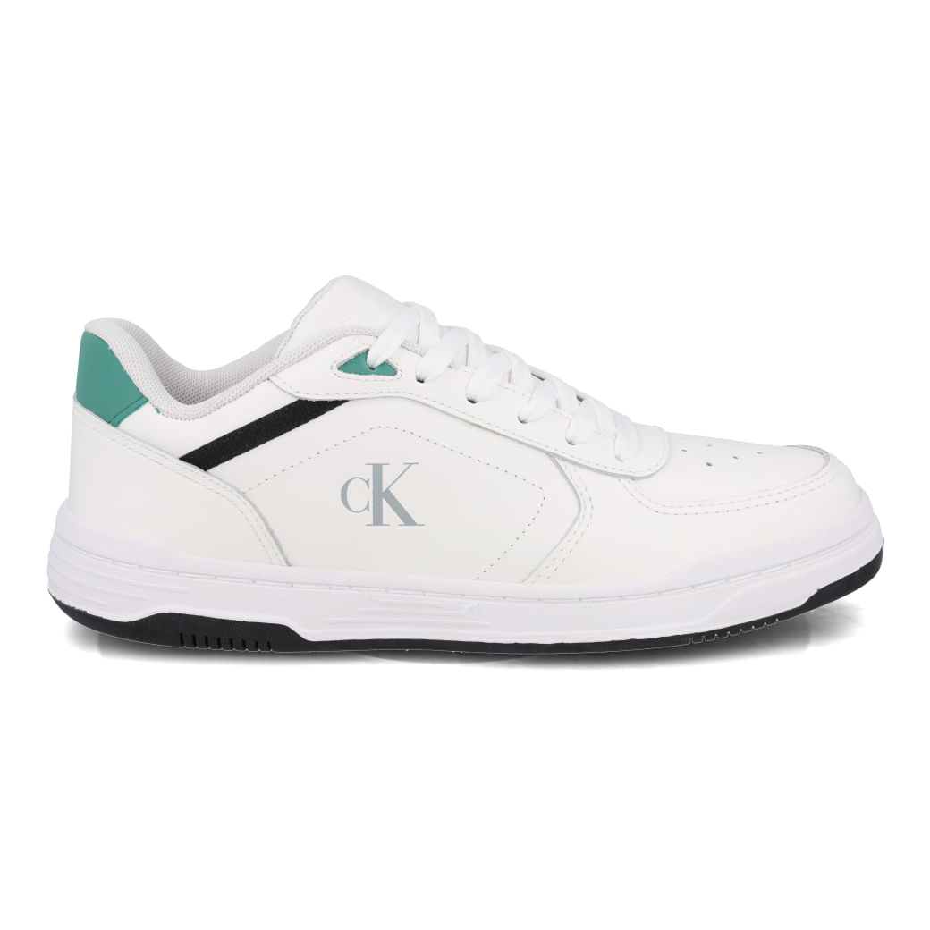 Tênis casual masculino Calvin Klein branco com detalhes em verde e preto, vista frontal destacando design elegante
